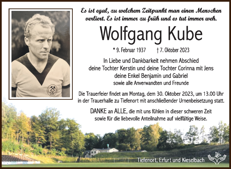  Traueranzeige für Wolfgang Kube vom 21.10.2023 aus Südthüringer Presse