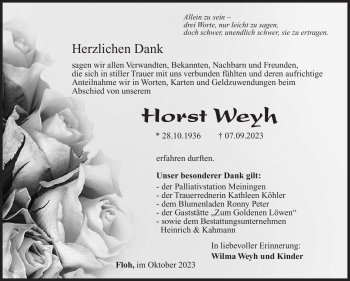Traueranzeige von Horst Weyh von Südthüringer Presse