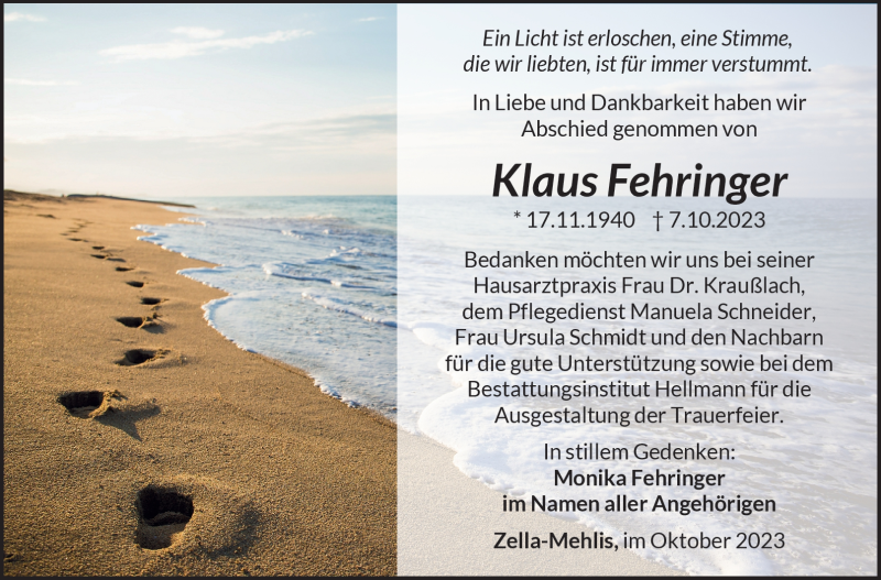  Traueranzeige für Klaus Fehringer vom 28.10.2023 aus Südthüringer Presse