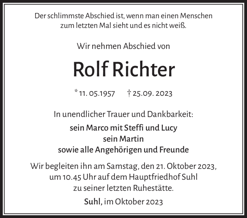  Traueranzeige für Rolf Richter vom 07.10.2023 aus Südthüringer Presse