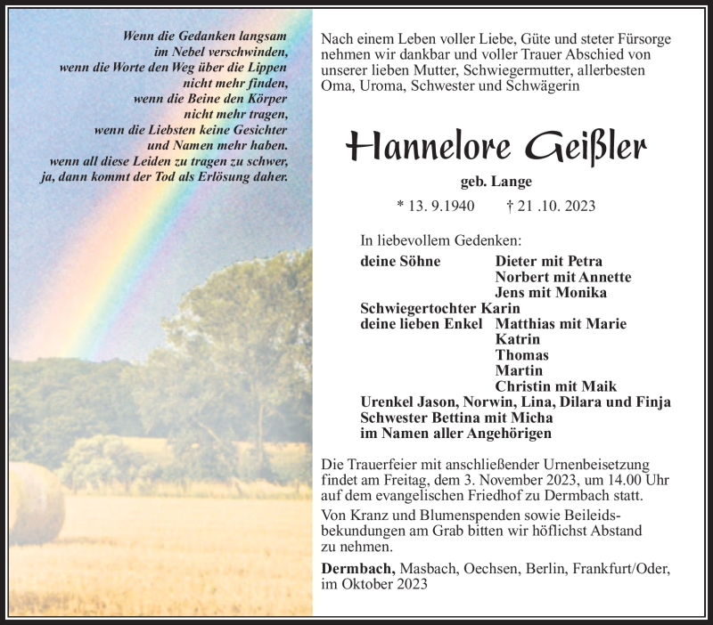  Traueranzeige für Hannelore Geißler vom 28.10.2023 aus Südthüringer Presse