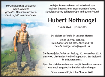 Traueranzeige von Hubert Nothnagel von Südthüringer Presse