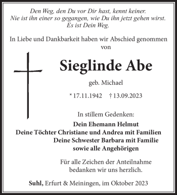 Traueranzeige von Sieglinde Abe von Südthüringer Presse
