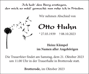 Traueranzeige von Otto Huhn von Südthüringer Presse