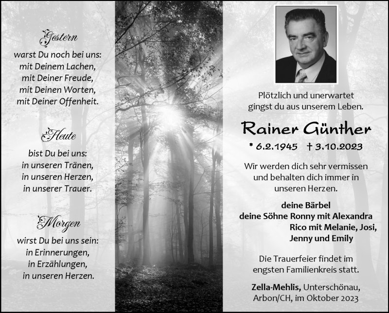  Traueranzeige für Rainer Günther vom 21.10.2023 aus Südthüringer Presse