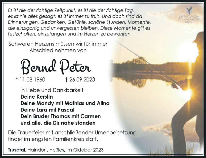  Traueranzeige für Bernd Peter vom 07.10.2023 aus Südthüringer Presse
