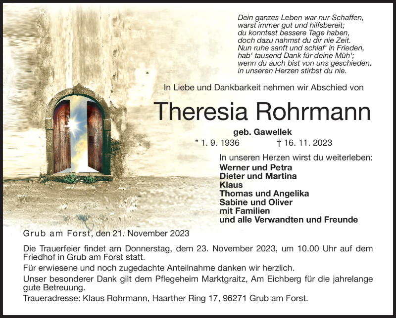  Traueranzeige für Theresia Neumann vom 21.11.2023 aus Neue Presse Coburg