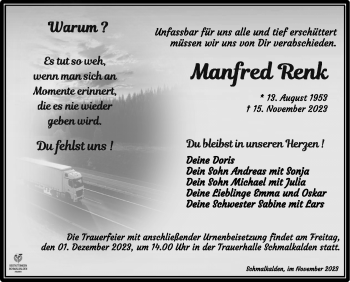Traueranzeige von Manfred Renk von Südthüringer Presse