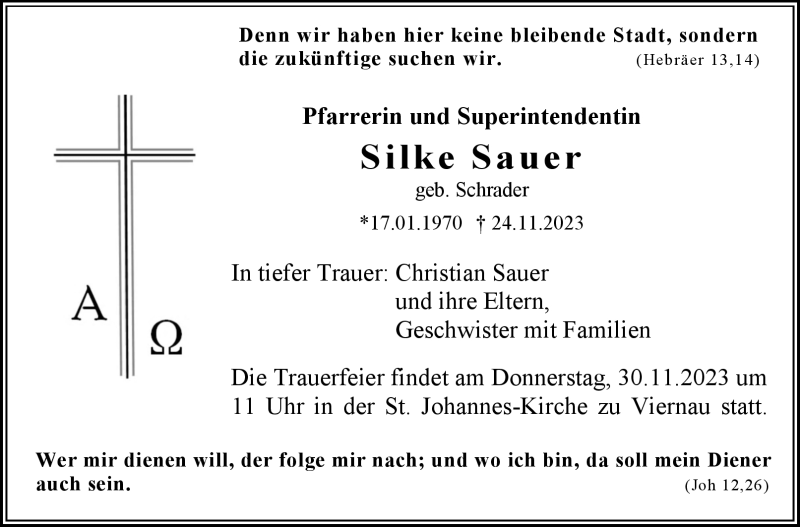  Traueranzeige für Silke Sauer vom 28.11.2023 aus Südthüringer Presse