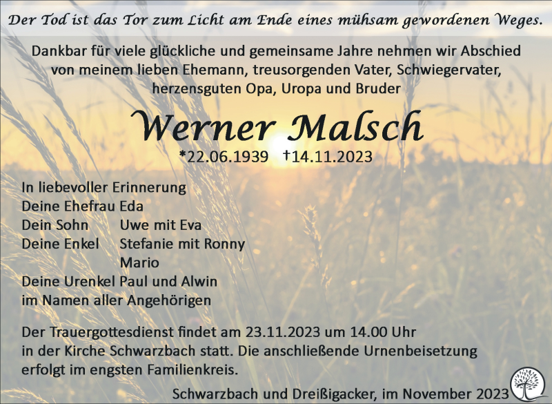  Traueranzeige für Werner Malsch vom 18.11.2023 aus Südthüringer Presse