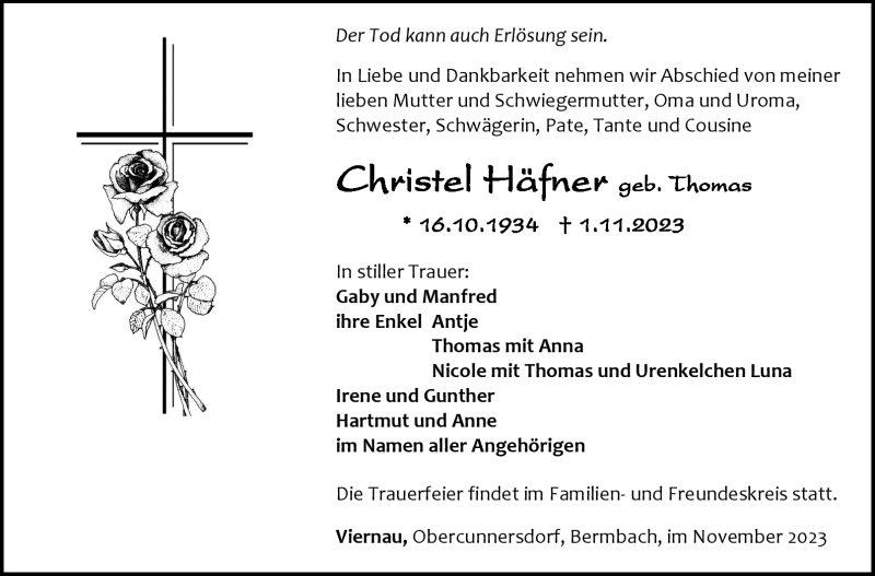  Traueranzeige für Christel Häfner vom 11.11.2023 aus Südthüringer Presse