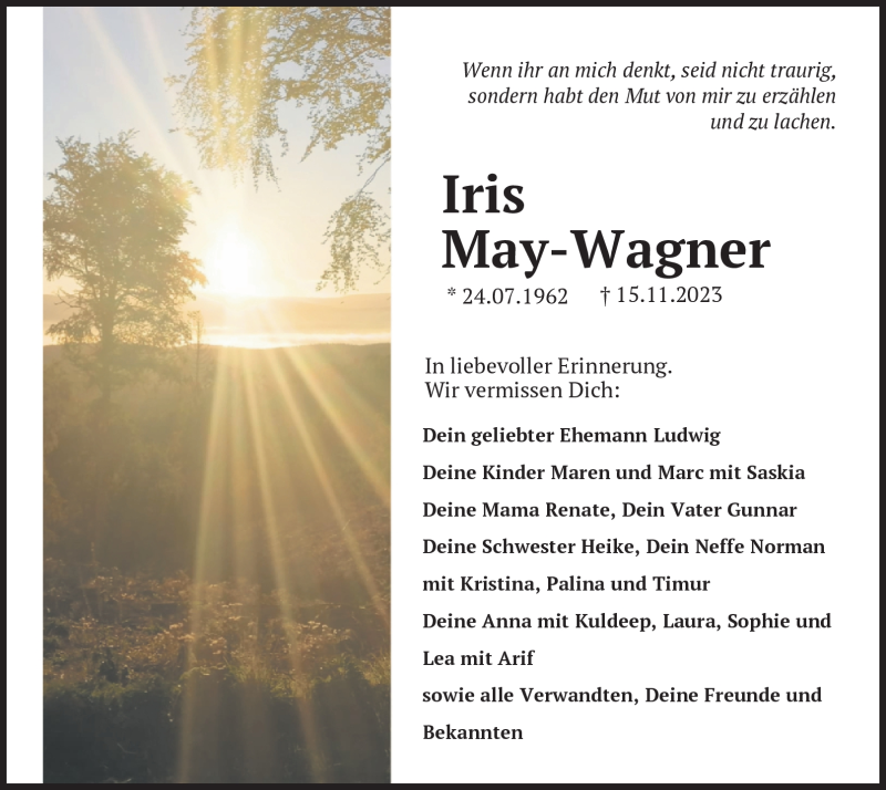  Traueranzeige für Iris May-Wagner vom 18.11.2023 aus Südthüringer Presse