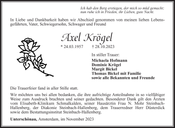 Traueranzeige von Axel Krögel von Südthüringer Presse