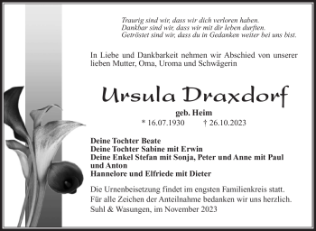 Traueranzeige von Ursula Draxdorf von Südthüringer Presse