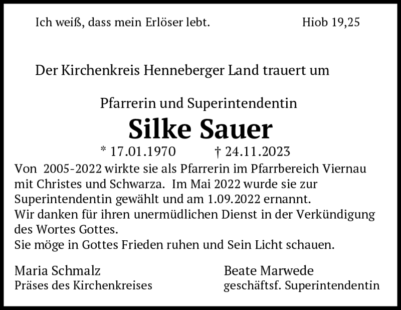  Traueranzeige für Silke Sauer vom 29.11.2023 aus Südthüringer Presse