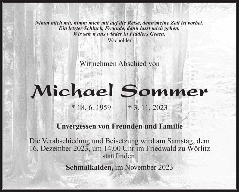  Traueranzeige für Michael Sommer vom 10.11.2023 aus Südthüringer Presse