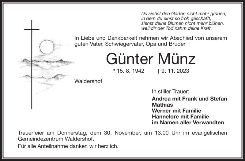  Traueranzeige für Günter Münz vom 25.11.2023 aus Frankenpost