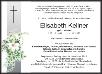 Traueranzeige von Elisabeth Kellner von Frankenpost