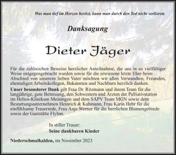 Traueranzeige von Dieter Jäger von Südthüringer Presse