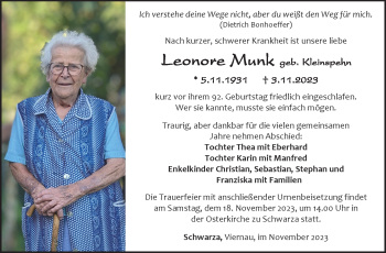Traueranzeige von Leonore Munk von Südthüringer Presse