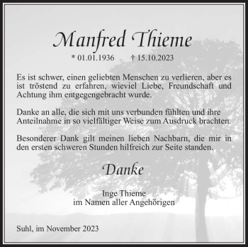 Traueranzeige von Manfred Thieme von Südthüringer Presse