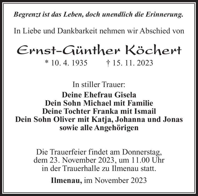  Traueranzeige für Ernst-Günther Köchert vom 21.11.2023 aus Südthüringer Presse