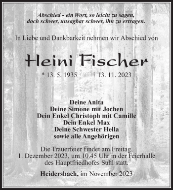 Traueranzeige von Heini Fischer von Südthüringer Presse