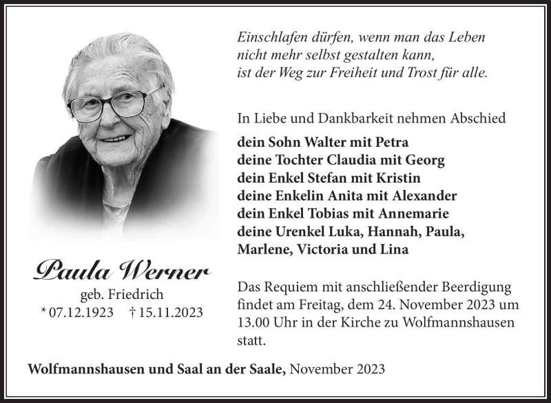  Traueranzeige für Paula Werner vom 18.11.2023 aus Südthüringer Presse