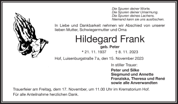 Traueranzeige von Hildegard Frank von Frankenpost