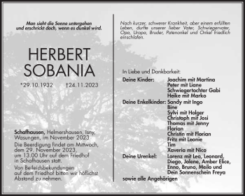 Traueranzeige von Herbert Sobania von Südthüringer Presse