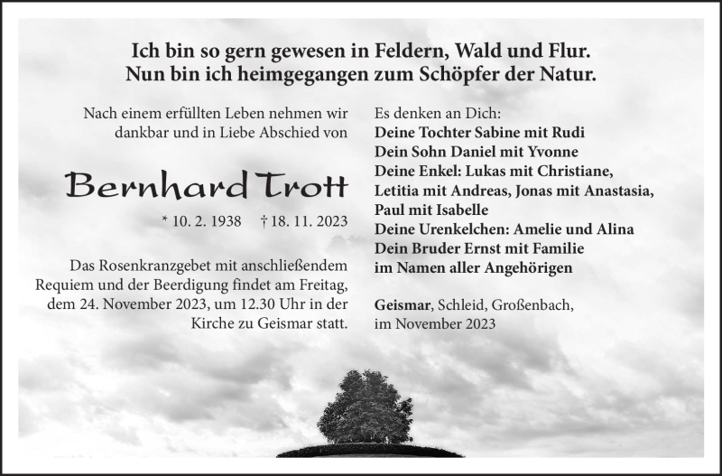  Traueranzeige für Bernhard Trott vom 21.11.2023 aus Südthüringer Presse