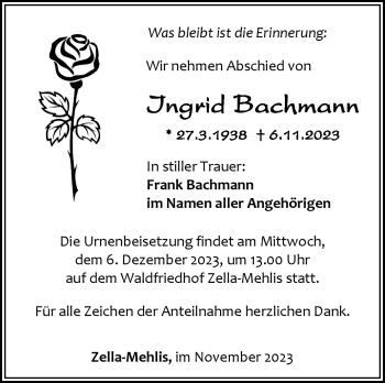 Traueranzeige von Ingrid Bachmann von Südthüringer Presse