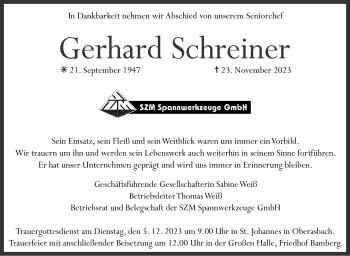 Traueranzeige von Gerhard Schreiner von Südthüringer Presse