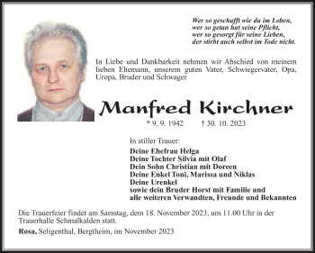 Traueranzeige von Manfred Kirchner von Südthüringer Presse