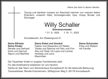 Traueranzeige von Willy Schaller von Frankenpost