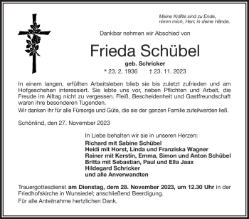 Traueranzeige von Frieda Schübel von Frankenpost