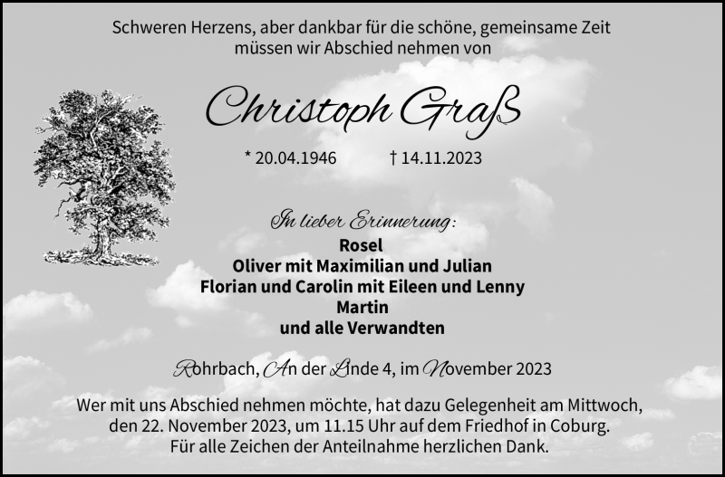  Traueranzeige für Christoph Graß vom 18.11.2023 aus Neue Presse Coburg