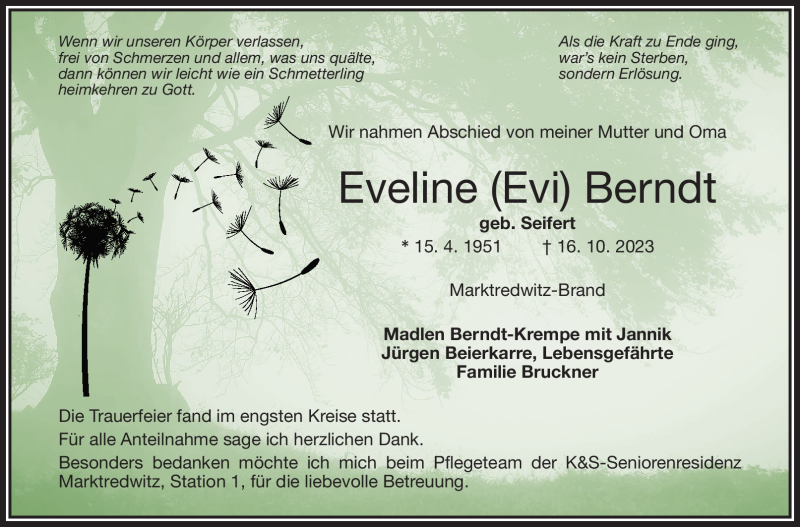  Traueranzeige für Eveline Berndt vom 03.11.2023 aus Frankenpost