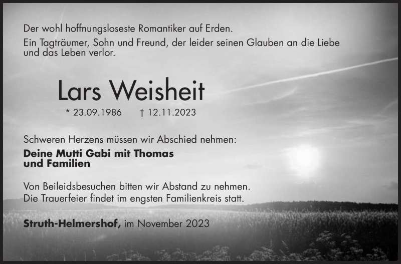  Traueranzeige für Lars Weisheit vom 18.11.2023 aus Südthüringer Presse