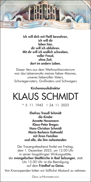 Traueranzeige von Klaus Schmidt von Südthüringer Presse