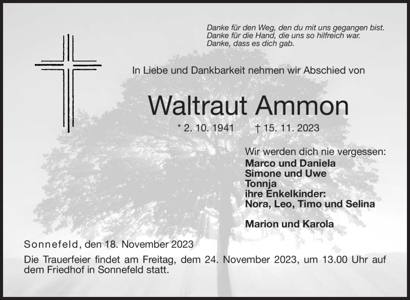  Traueranzeige für Waltraut Ammon vom 18.11.2023 aus Neue Presse Coburg