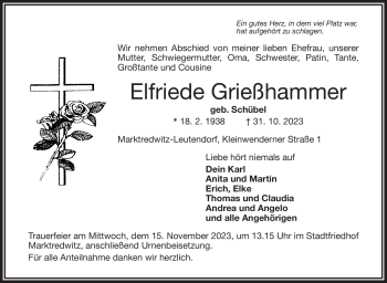Traueranzeige von Elfriede Grießhammer von Frankenpost