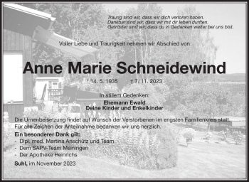 Traueranzeige von Anne Marie Schneidewind von Südthüringer Presse