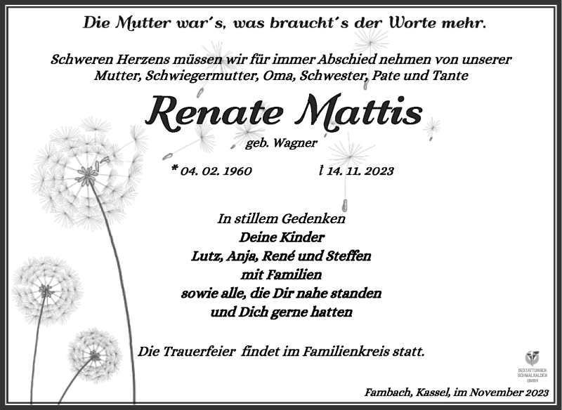  Traueranzeige für Renate Mattis vom 25.11.2023 aus Südthüringer Presse