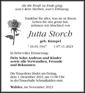 Traueranzeige von Jutta Storch von Südthüringer Presse