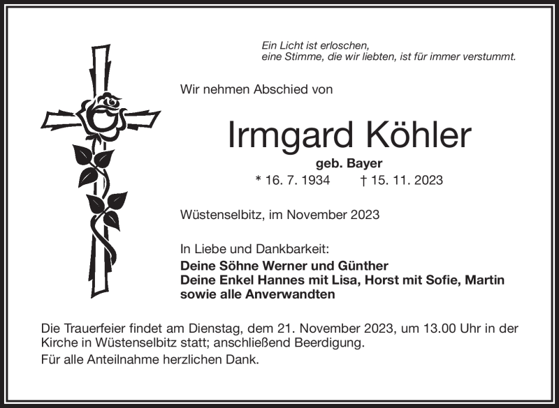  Traueranzeige für Irmgard Köhler vom 18.11.2023 aus Frankenpost