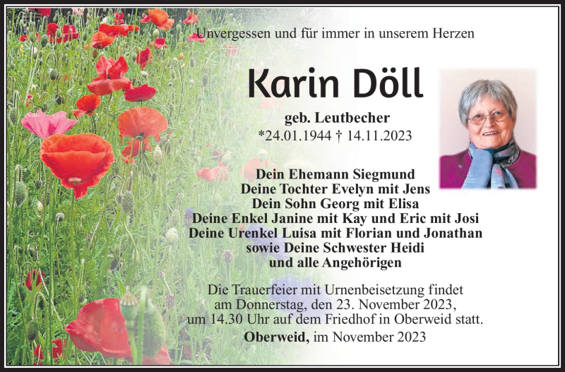  Traueranzeige für Karin Döll vom 18.11.2023 aus Südthüringer Presse