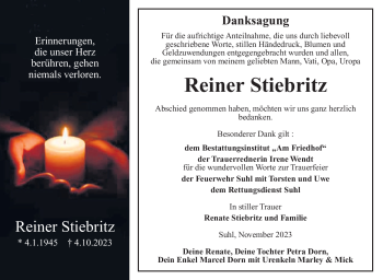 Traueranzeige von Reiner Stiebritz von Südthüringer Presse