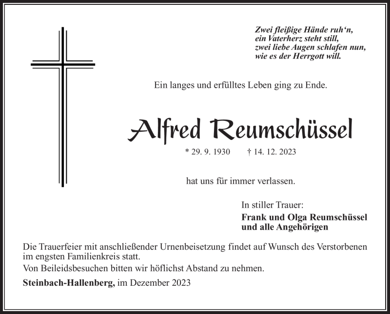  Traueranzeige für Alfred Reumschüssel vom 23.12.2023 aus Südthüringer Presse