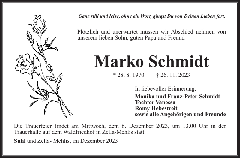  Traueranzeige für Marko Schmidt vom 02.12.2023 aus Südthüringer Presse